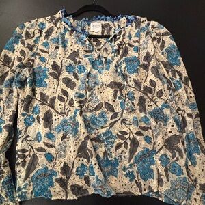 Misa Los Angeles Blue Ruffled Blouse with Mandarin Collar